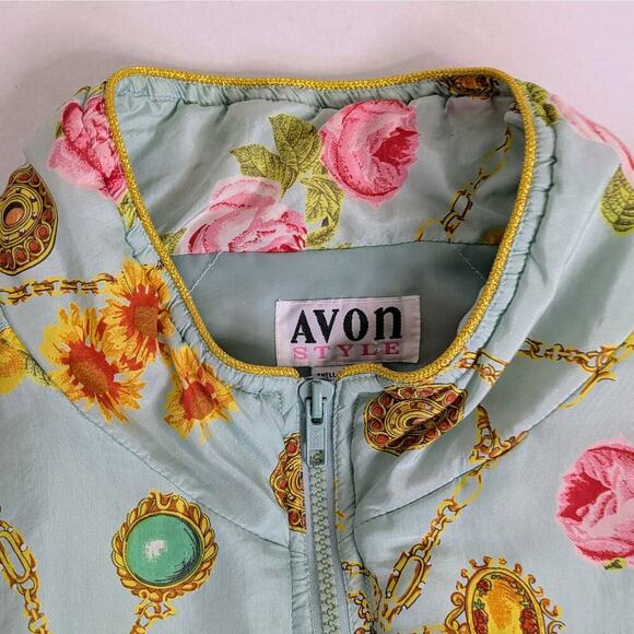 Vtg 90s Avon Style Floral Chain Print Silk Track Jacket Windbreaker Pastel Retro - Picture 8 of 14